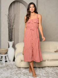 WOMEN'S SLEEVELESS BUTTON UP TIERED MIDI DRESS