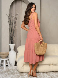 WOMEN'S SLEEVELESS BUTTON UP TIERED MIDI DRESS