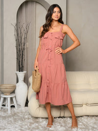 WOMEN'S SLEEVELESS BUTTON UP TIERED MIDI DRESS