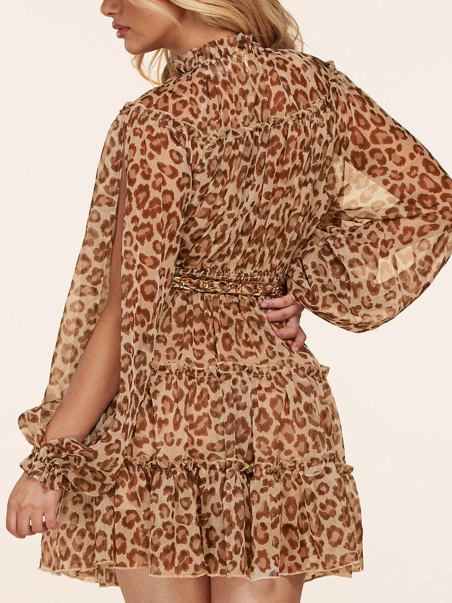 WOMEN'S LONG CUT OUT SLEEVE ANIMAL PRINT RUFFLE MINI DRESS