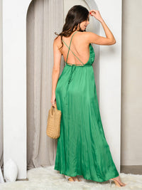 WOMEN'S SLEEVELESS SATIN PLUNGE NECK WITH BACK CRISS CROSS MAXI DRESS