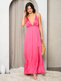 WOMEN'S SLEEVELESS SATIN PLUNGE NECK WITH BACK CRISS CROSS MAXI DRESS
