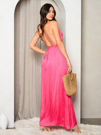 WOMEN'S SLEEVELESS SATIN PLUNGE NECK WITH BACK CRISS CROSS MAXI DRESS