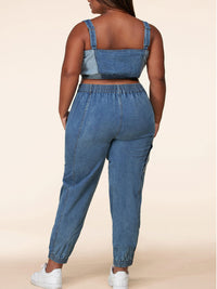 PLUS SIZE TWO TONE DENIM ZIP UP TOP AND PANTS SET