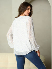 WOMEN'S DITSY FLORAL PRINT FRONT TIE NECK LONG SLEEVE TOP