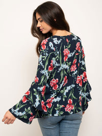 WOMEN'S LONG SLEEVE FLORAL PRINT W/ FRONT TIE TOP