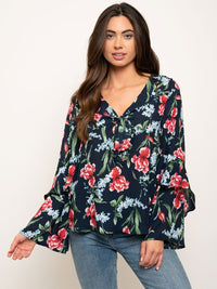 WOMEN'S LONG SLEEVE FLORAL PRINT W/ FRONT TIE TOP