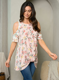 WOMEN'S COLD SHOULDER FLORAL FRONT KNOT TOP