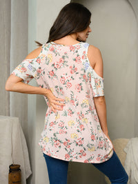 WOMEN'S COLD SHOULDER FLORAL FRONT KNOT TOP