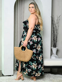 PLUS SIZE SLEEVELESS FRONT SLIT RUFFLE FLORAL MAXI DRESS