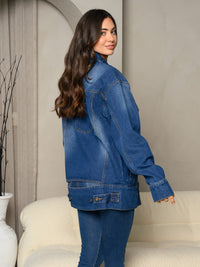 WOMEN'S LONG SLEEVE DENIM BUTTON UP WASHED FRONT POCKET BACK CUT OUT JACKET