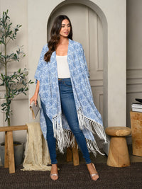 WOMEN'S SHORT SLEEVE MULTI PRINT FRINGE KIMONO