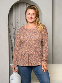 PLUS SIZE LONG SLEEVE FRONT POCKET FLORAL PEPLUM TOP