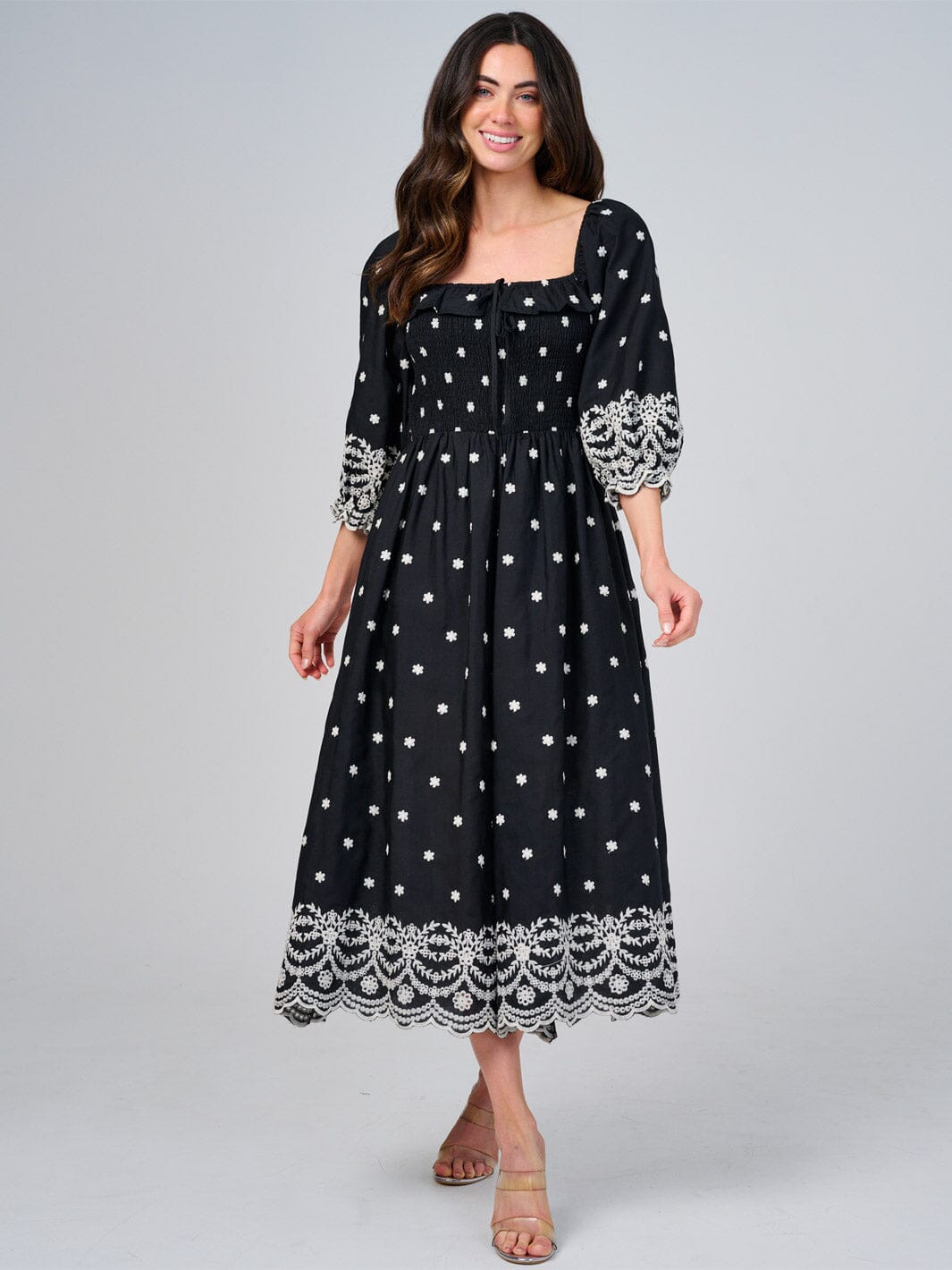 WOMEN'S 3/4 SLEEVE SMOCK EMBROIDERY MAXI DRESS