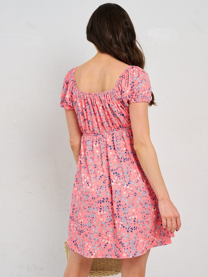 WOMEN'S SHORT SLEEVE ELASTIC WAIST FRONT POCKETS FLORAL MINI DRESS