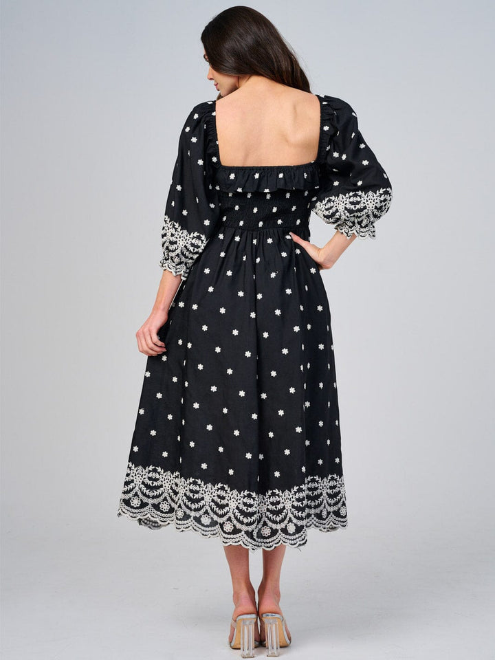 WOMEN'S 3/4 SLEEVE SMOCK EMBROIDERY MAXI DRESS