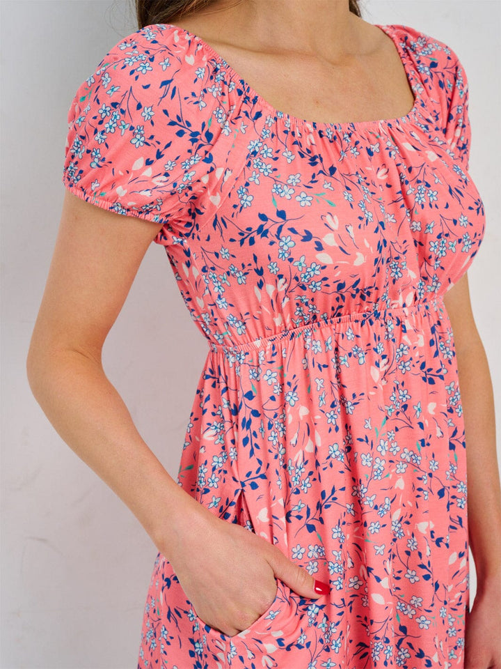WOMEN'S SHORT SLEEVE ELASTIC WAIST FRONT POCKETS FLORAL MINI DRESS