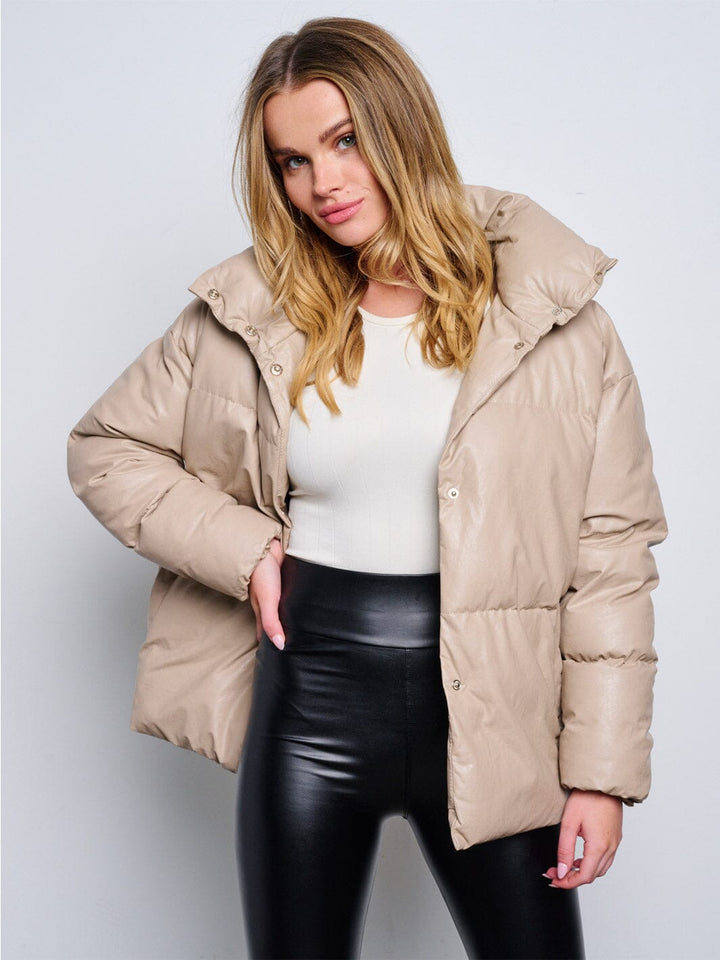 WOMEN'S LONG SLEEVE BUTTON CLOSURE POCKETS PU PLEATHER JACKET