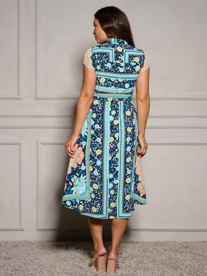 WOMEN'S SHORT SLEEVE BUTTON UP SELF TIE FLORAL MIDI DRESS