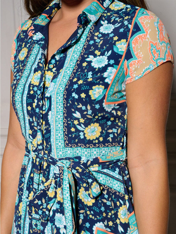 WOMEN'S SHORT SLEEVE BUTTON UP SELF TIE FLORAL MIDI DRESS