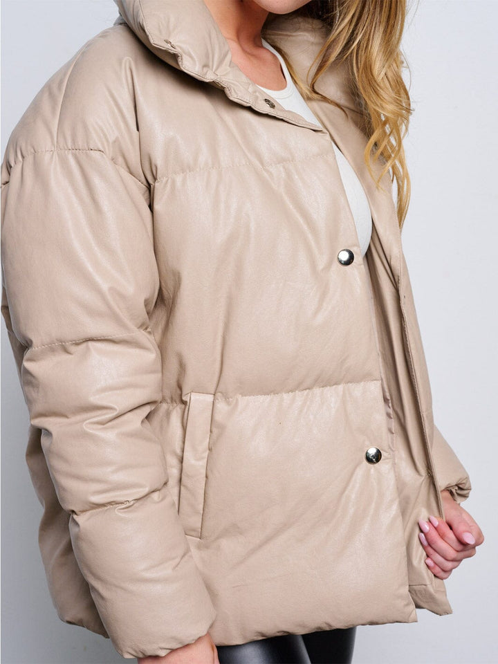 WOMEN'S LONG SLEEVE BUTTON CLOSURE POCKETS PU PLEATHER JACKET