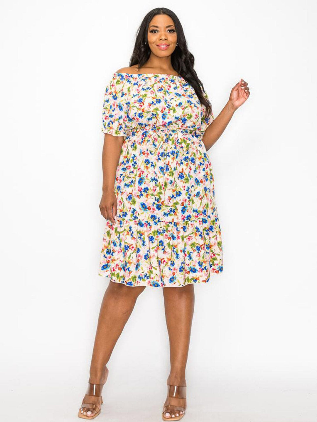 PLUS SIZE SHORT SLEEVE OFF SHOULDER FLORAL MINI DRESS