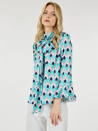 WOMEN'S LONG BELL SLEEVE TURTLE NECK MULTI PRINT BLOUSE TOP