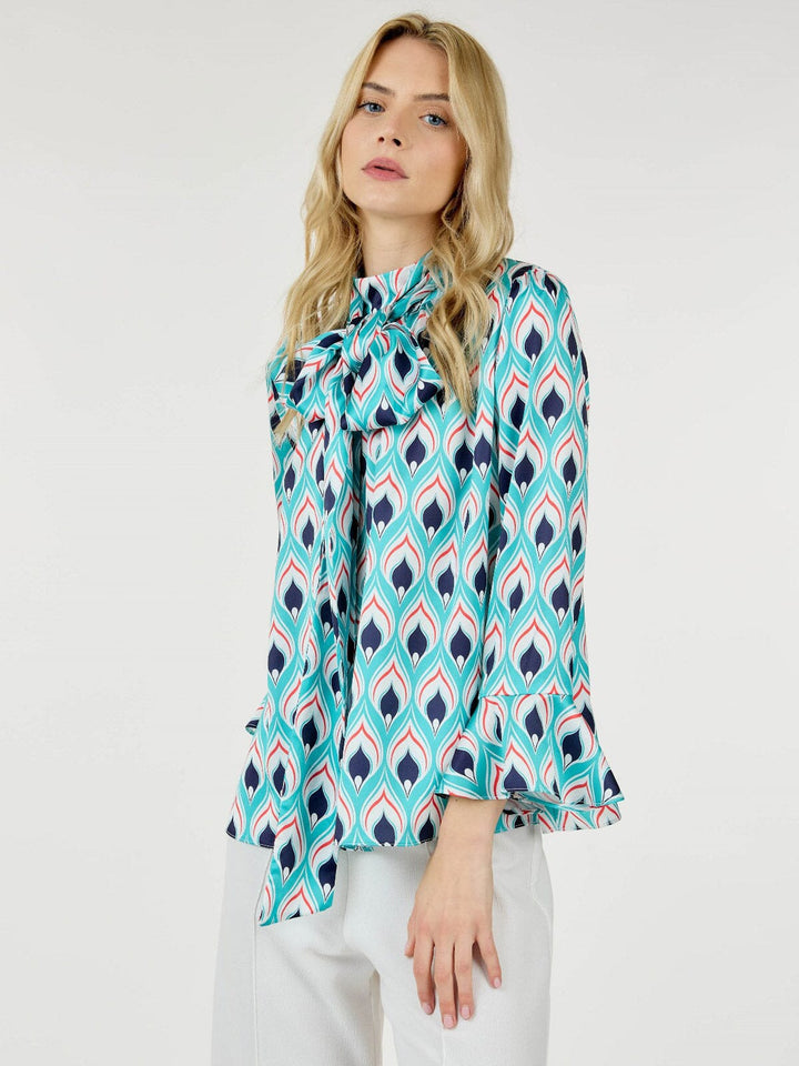 WOMEN'S LONG BELL SLEEVE TURTLE NECK MULTI PRINT BLOUSE TOP