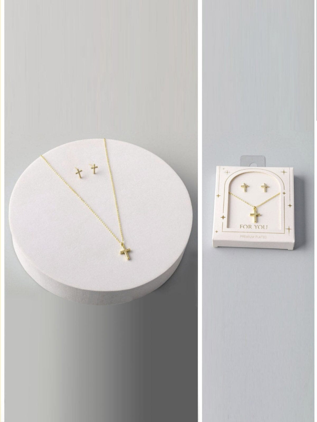 WOMEN'S GOLD CROSS EARRINGS & NECKLACE SET