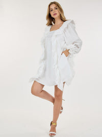 WOMEN'S LONG SLEEVE TUNIC FRONT POCKETS RUFFLE MINI DRESS