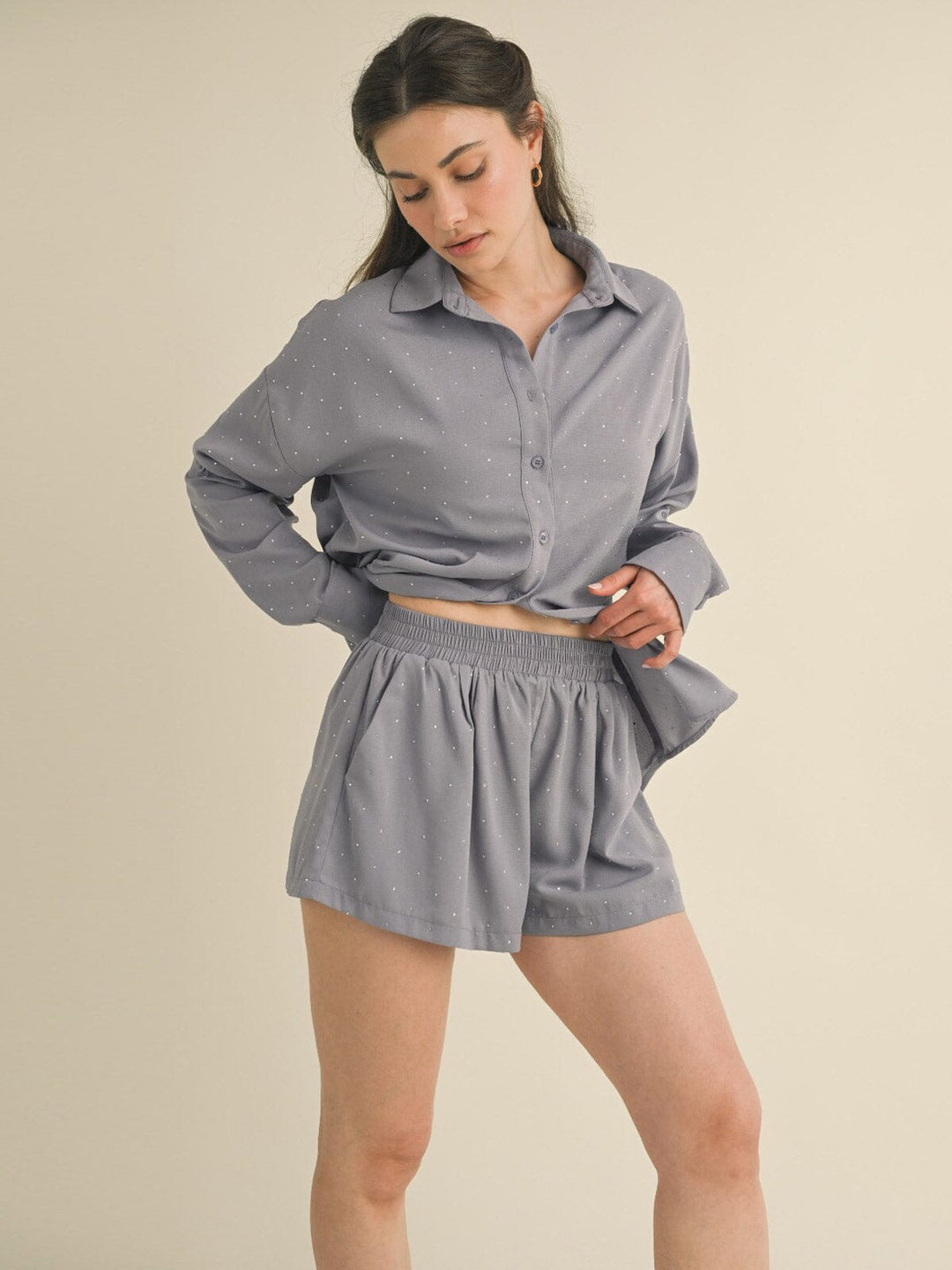 WOMEN'S LONG SLEEVE BLOUSE & MINI SHORTS STUDS DETAILED 2PC. SET