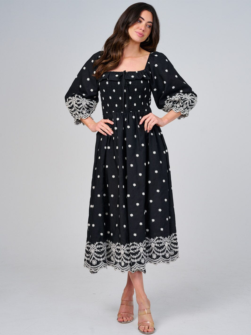 WOMEN'S 3/4 SLEEVE SMOCK EMBROIDERY MAXI DRESS