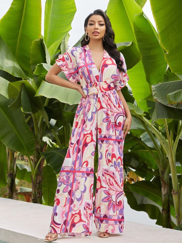 WOMEN'S LONG SLEEVE V-NECK BELTED MULTI PRINT PLEATED WIDE LEG JUMPSUIT