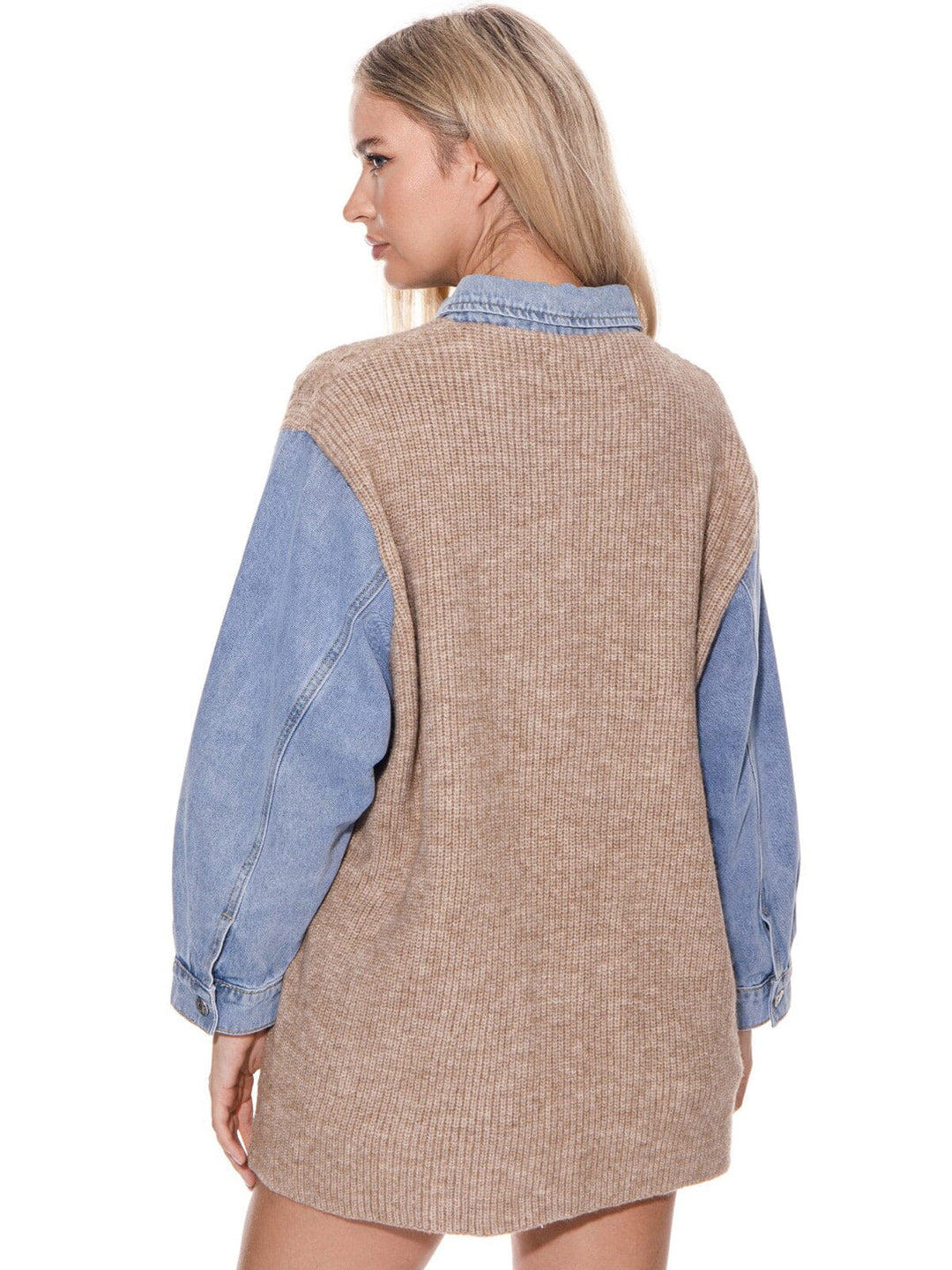 WOMEN'S LONG SLEEVES BUTTON CLOSURE DENIM KNIT OVERSIZED JACKET