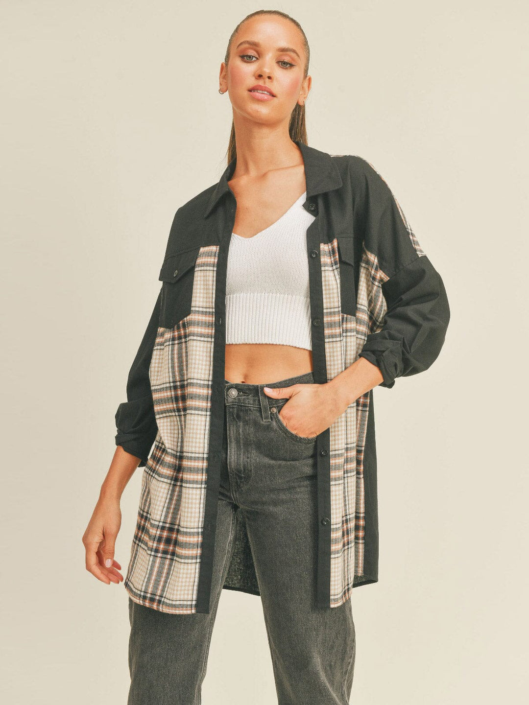 WOMEN'S LONG SLEEVE BUTTON UP PLAID CONTRAST SHIRT