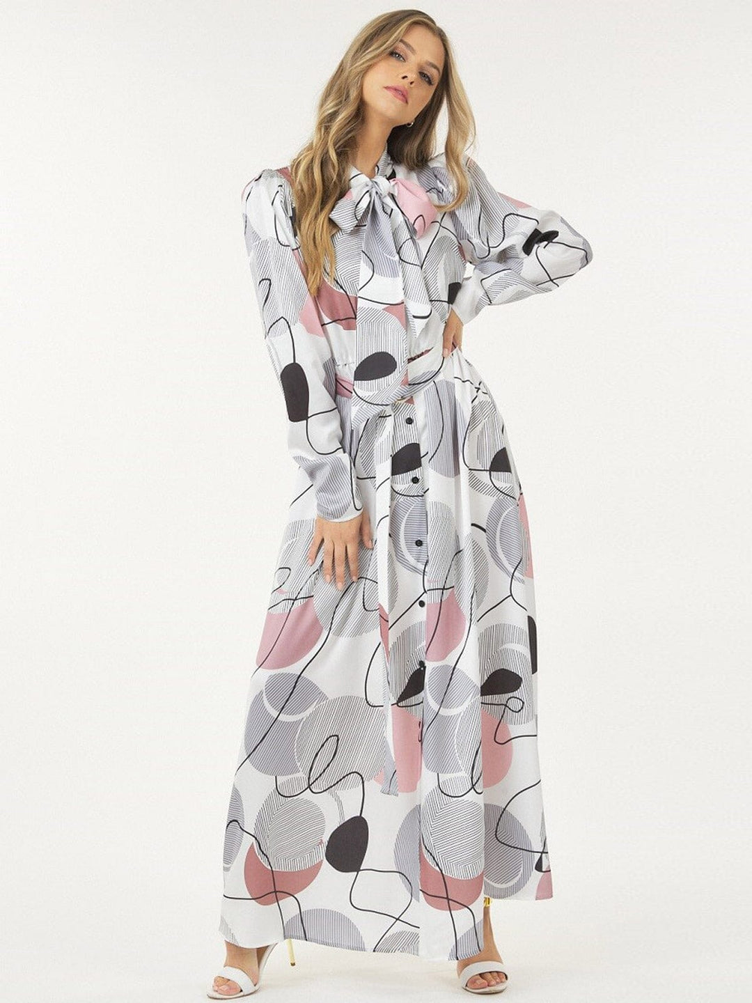 WOMEN'S LONG SLEEVE BUTTON UP SELF TIE MULTI PRINT MAXI DRESS