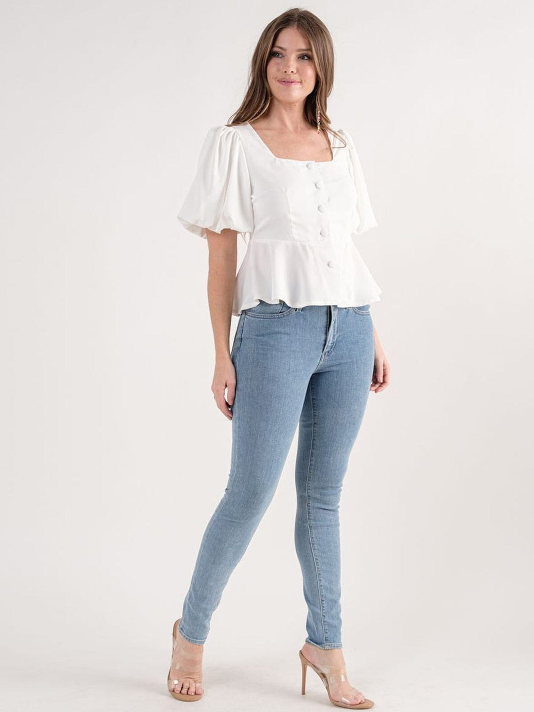 WOMEN'S SHORT PUFF SLEEVE BUTTON UP PEPLUM BLOUSE TOP