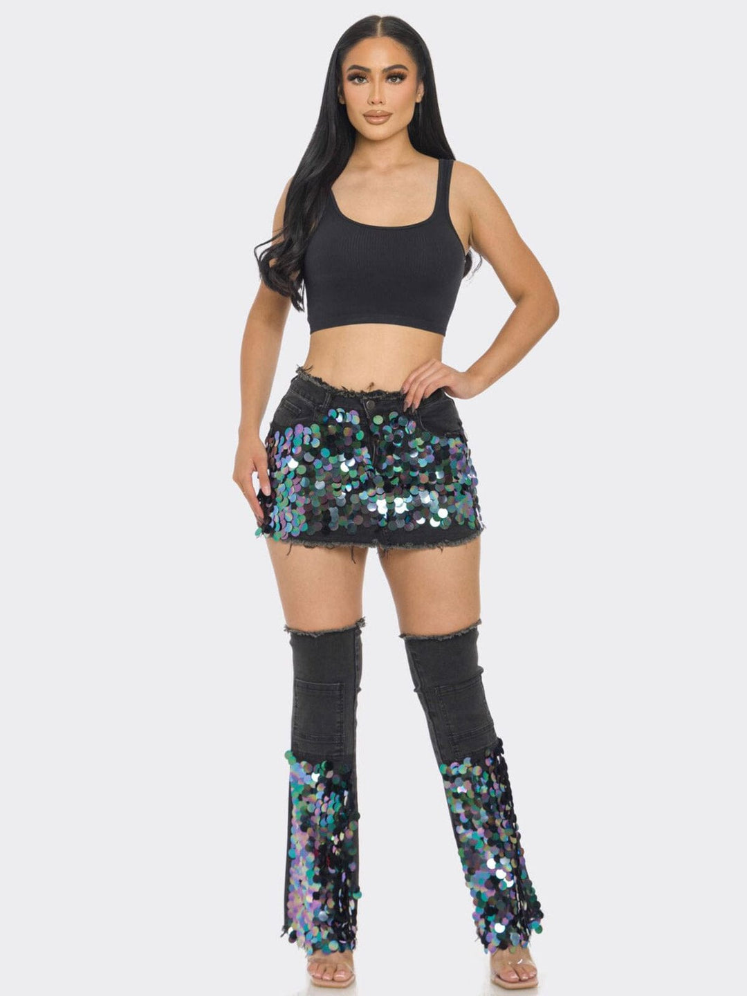 WOMEN'S BUTTON CLOSURE POCKETS SEQUINS MINI SKIRT W/BOTTIES DENIM SET