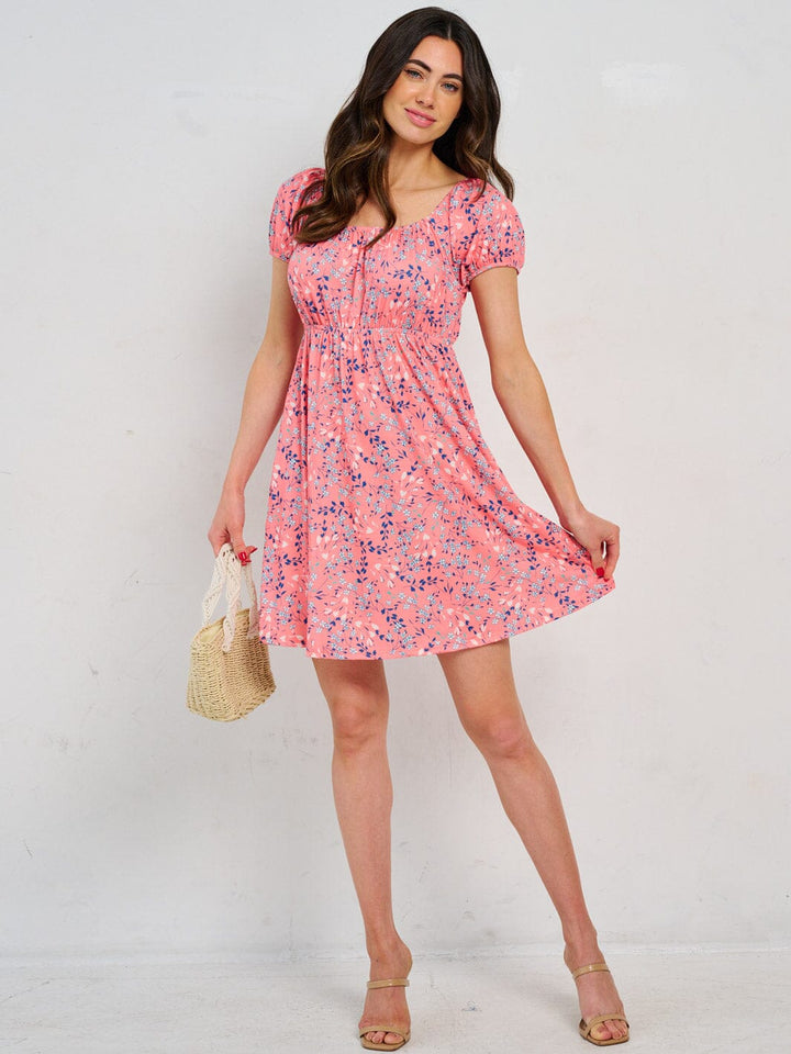 WOMEN'S SHORT SLEEVE ELASTIC WAIST FRONT POCKETS FLORAL MINI DRESS