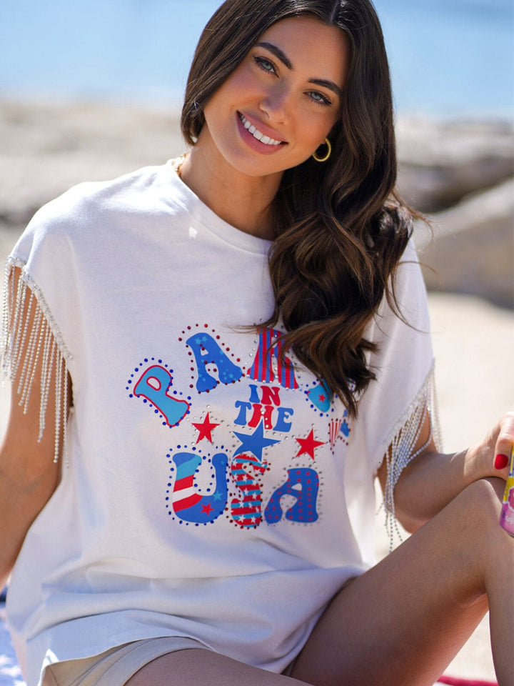 WOMEN'S SHORT SLEEVE GRAPHIC PATRIOTIC STUDS FRINGE SHIRT