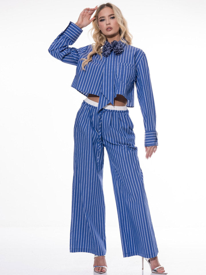 WOMEN'S LONG SLEEVE BLOUSE & ELASTIC WAIST PANTS COLORBLOCK STRIPES 2PC. SET
