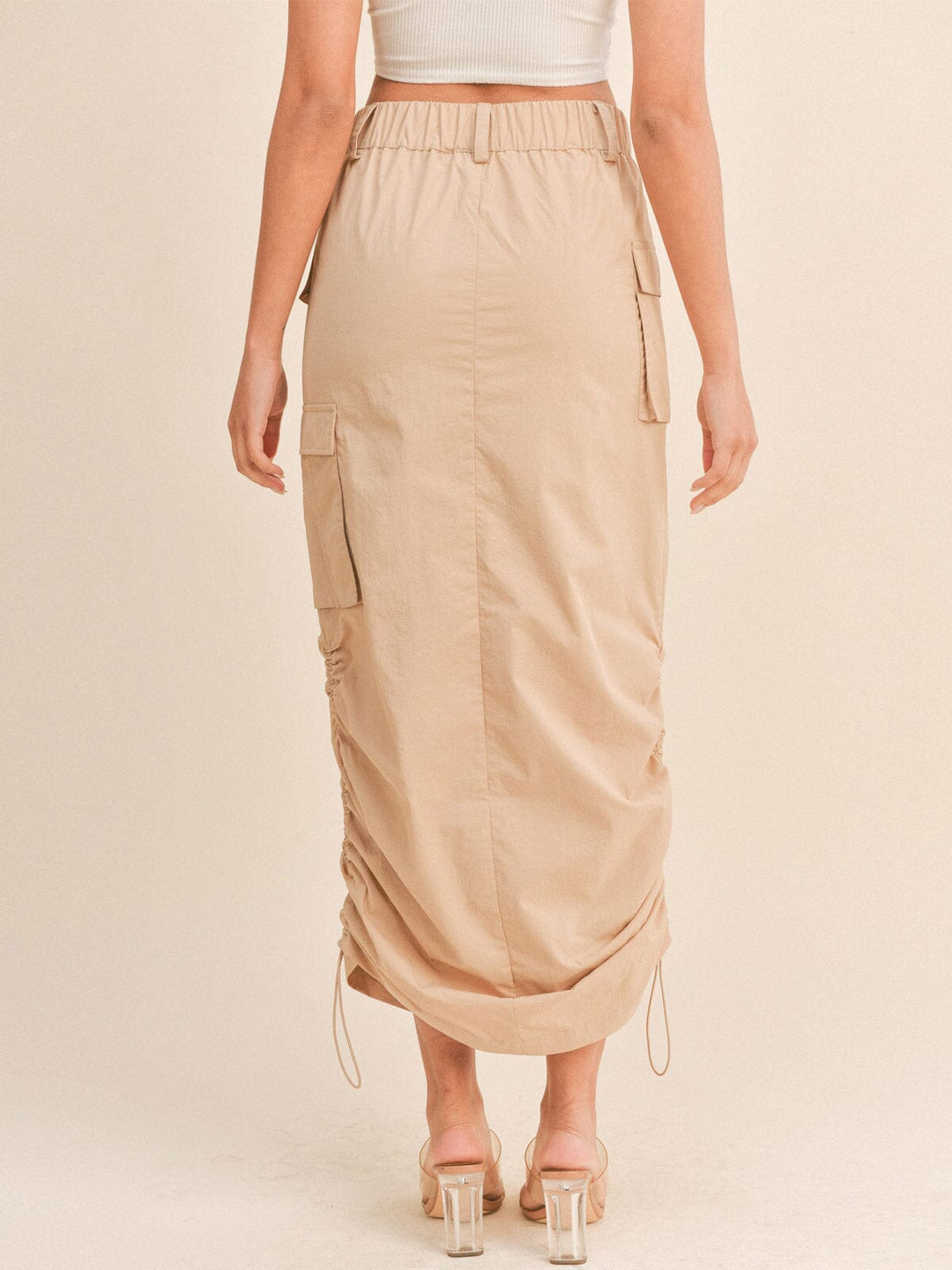 WOMEN'S BUTTON CLOSURE CARGO POCKETS SIDE RUCHED MAXI SKIRT