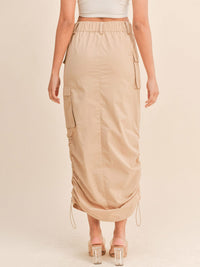 WOMEN'S BUTTON CLOSURE CARGO POCKETS SIDE RUCHED MAXI SKIRT