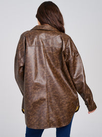 WOMEN'S LONG SLEEVE BUTTON CLOSURE FRONT POCKET PU PLEATHER JACKET