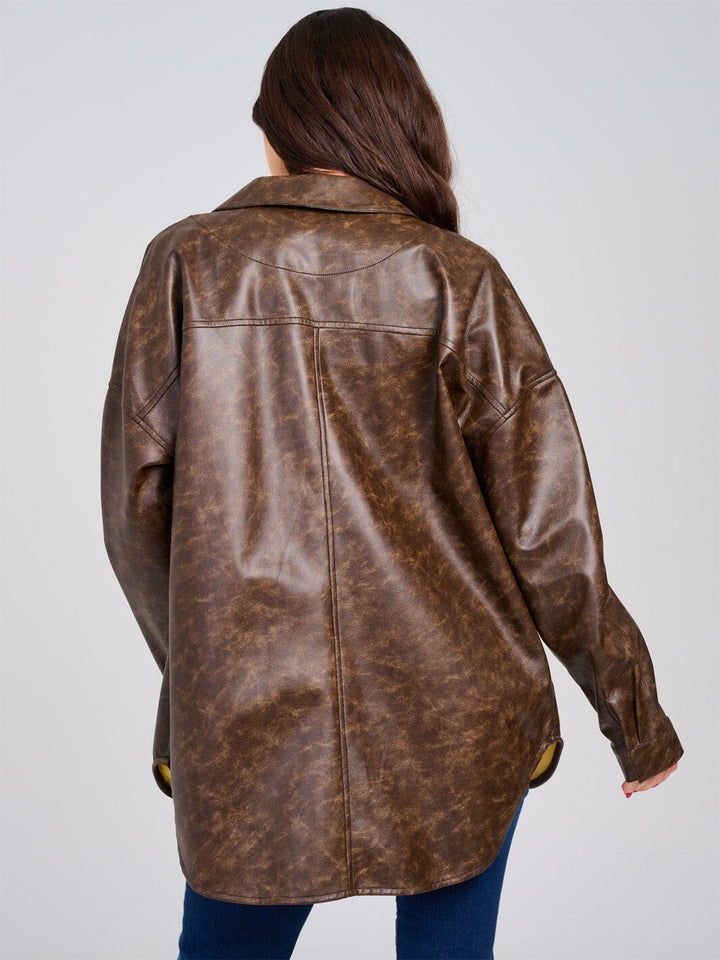 WOMEN'S LONG SLEEVE BUTTON CLOSURE FRONT POCKET PU PLEATHER JACKET