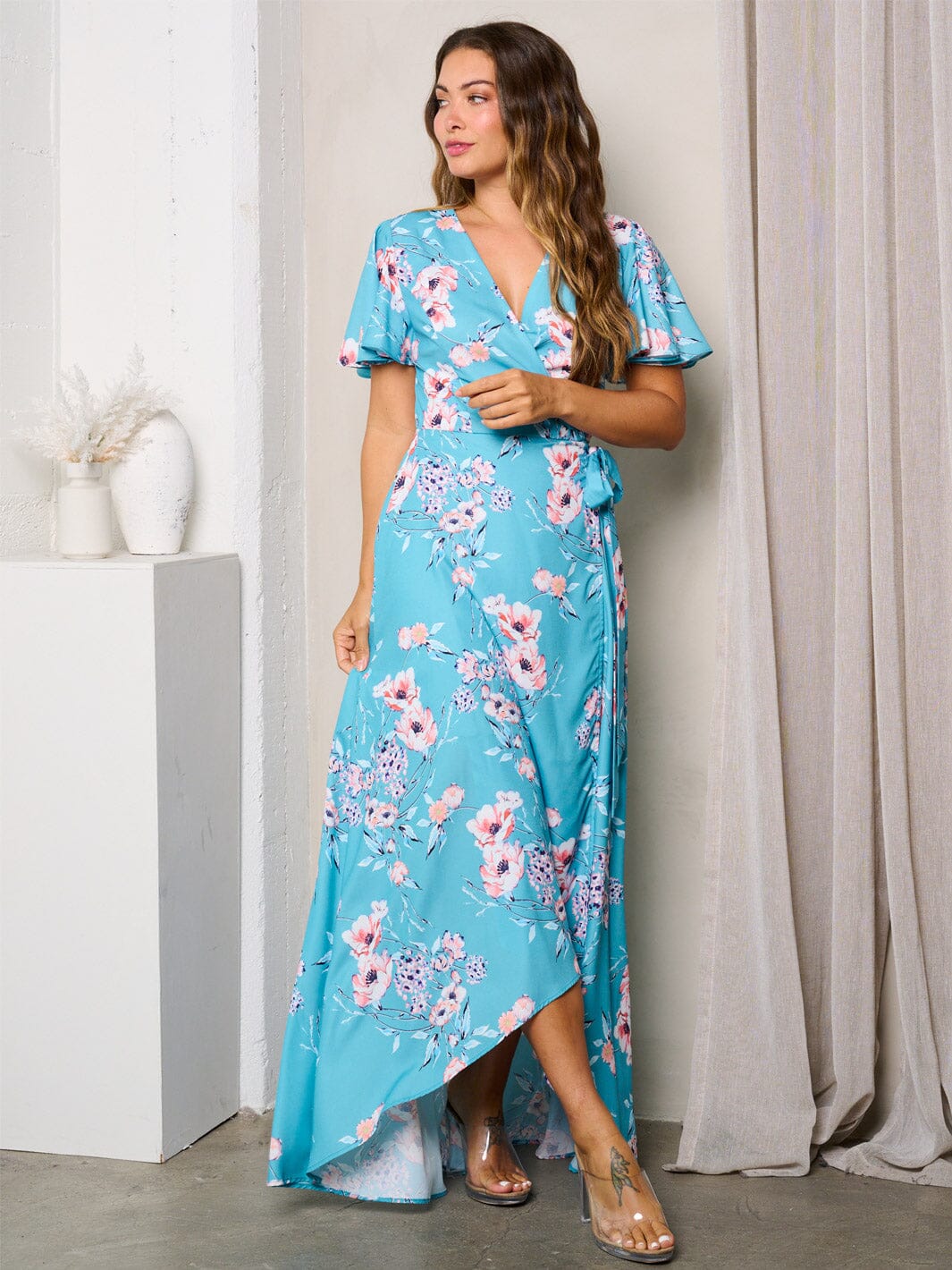 WOMEN'S SHORT SLEEVE WRAP FLORAL MAXI DRESS