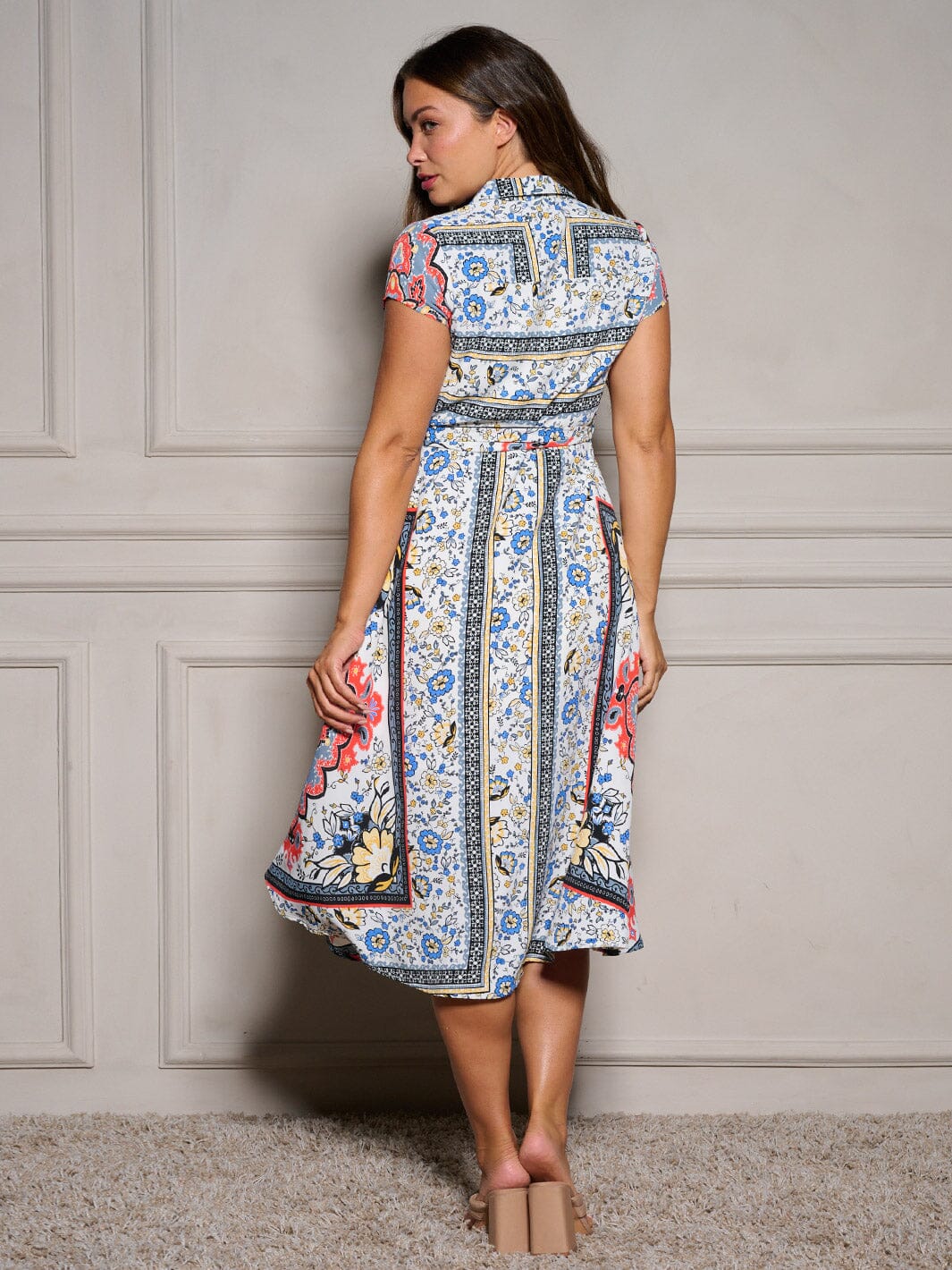 WOMEN'S SHORT SLEEVE BUTTON UP SELF TIE FLORAL MIDI DRESS