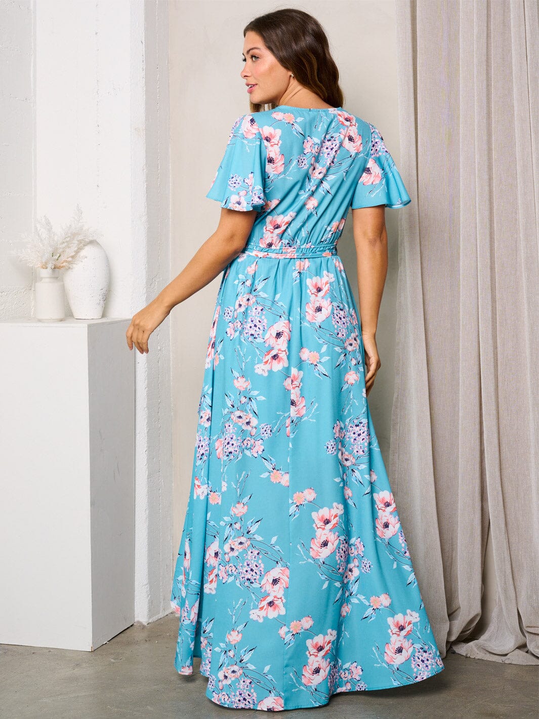 WOMEN'S SHORT SLEEVE WRAP FLORAL MAXI DRESS