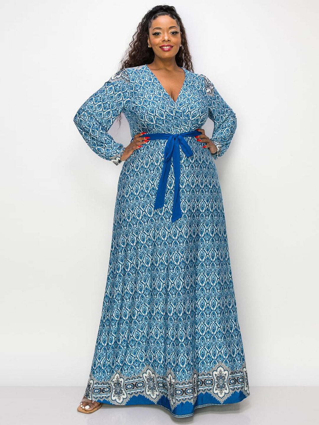 PLUS SIZE LONG SLEEVE SURPLICE SELF TIE MULTI PRINT MAXI DRESS