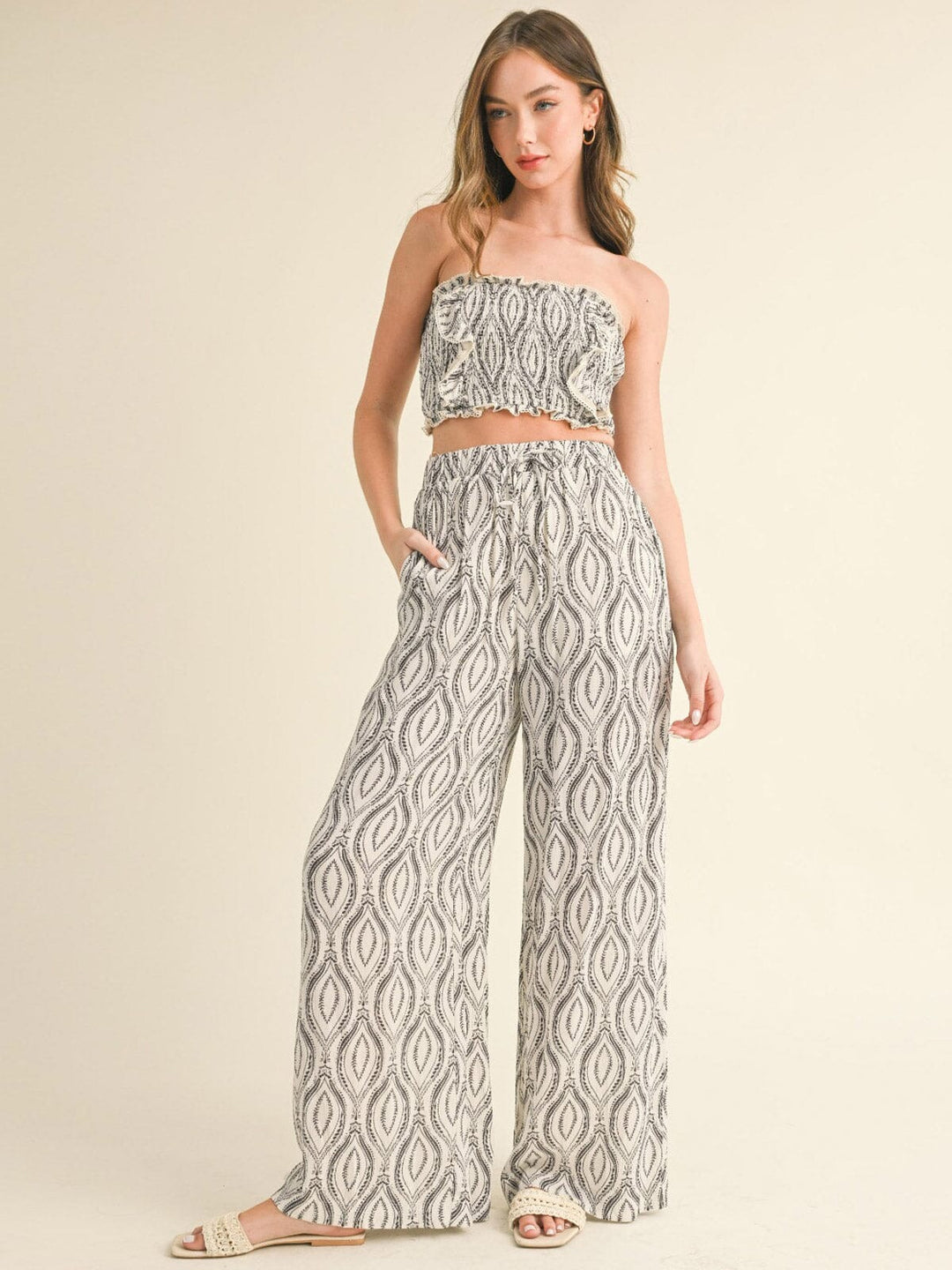 WOMEN'S SMOCK CROP TOP & WIDE LEG PANTS PRINTED 2PC. SET